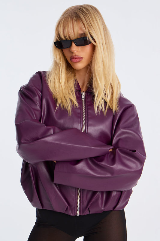 Iman It Girl Faux Leather Bomber Jacket - Plum