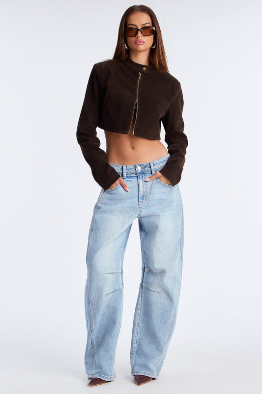 Blake Cropped Faux Suede Moto Jacket - Chocolate