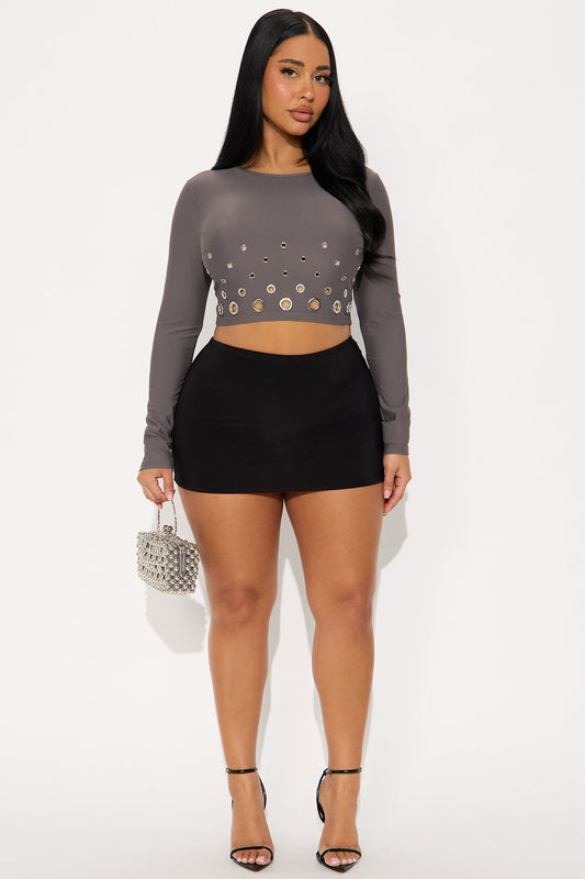 Celine Long Sleeve High Neck Top - Charcoal
