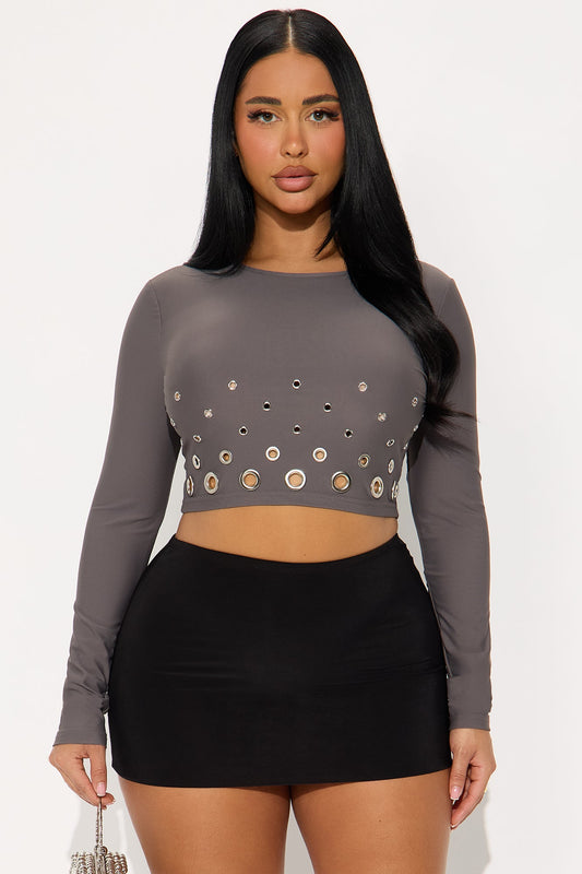 Celine Long Sleeve High Neck Top - Charcoal