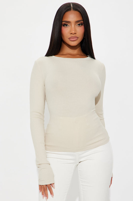 Bree Lace Up Ribbed Long Sleeve Top - Sand