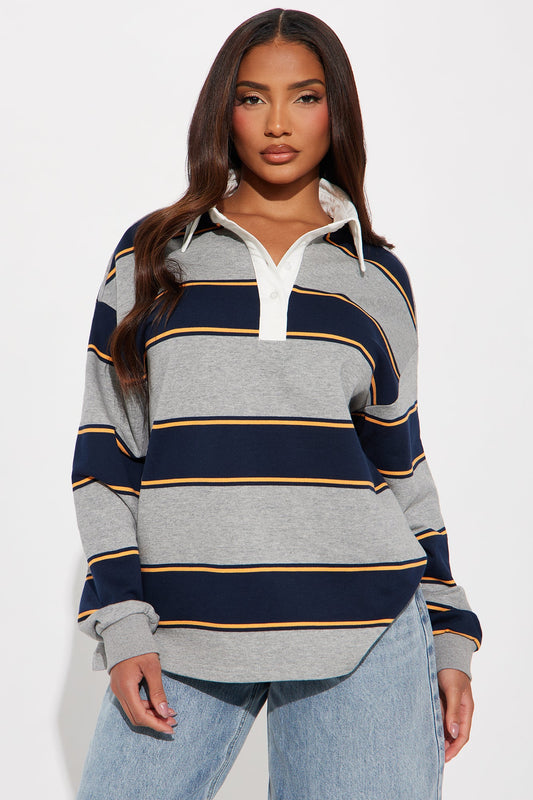 East Coast Rugby Stripe Polo Top - Heathered Grey