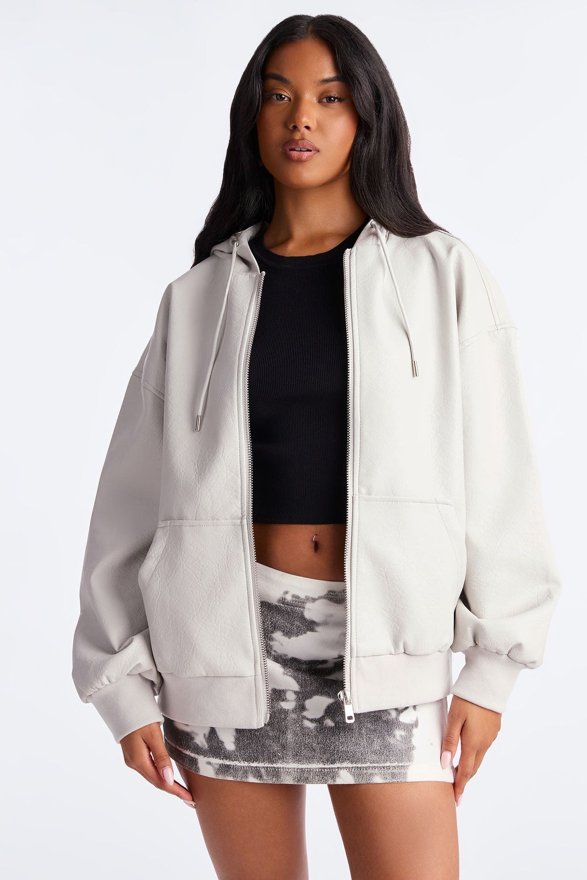 Alix Faux Leather Oversized Bomber Jacket - Light Grey