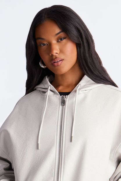 Alix Faux Leather Oversized Bomber Jacket - Light Grey
