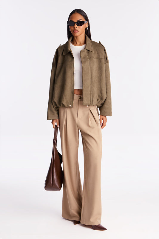 Harlowe Oversized Faux Suede Jacket - Olive