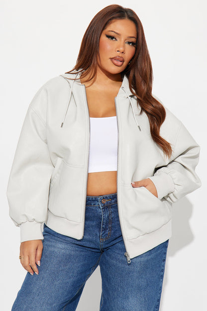 Alix Faux Leather Oversized Bomber Jacket - Light Grey