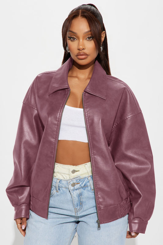 Hustle Mode Oversized Faux Leather Jacket - Lilac