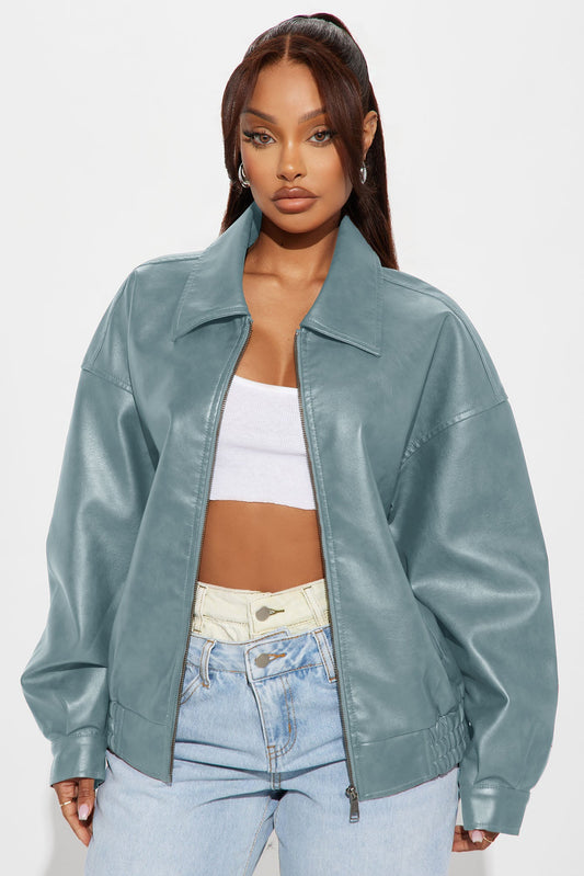 Hustle Mode Oversized Faux Leather Jacket - Slate Blue