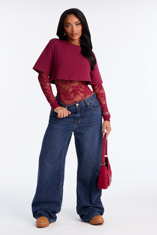 Unmatched Long Sleeve Lace Bodysuit - Burgundy