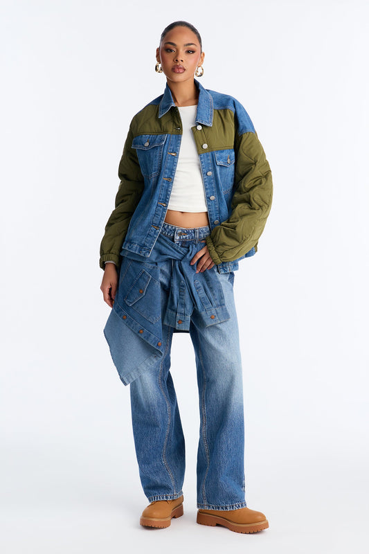 Hadley Quilted Fabric Mix Trucker Jacket - Olive/combo