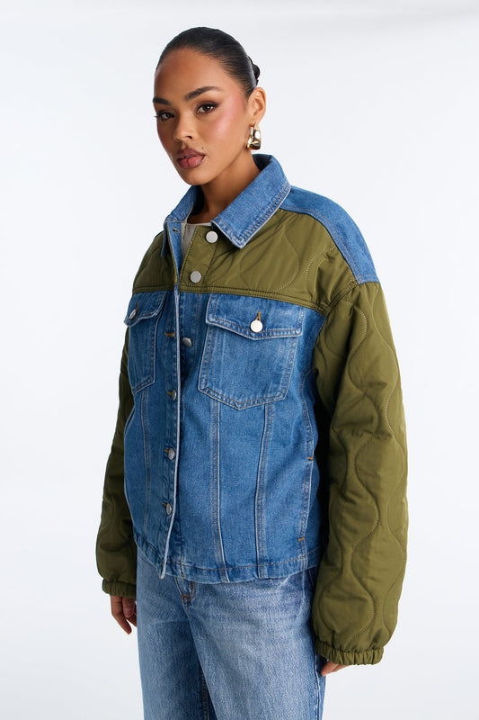 Hadley Quilted Fabric Mix Trucker Jacket - Olive/combo
