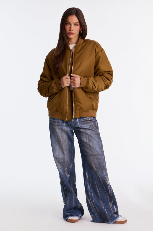 Kamryn Oversized Nylon Blend Bomber Jacket - Olive