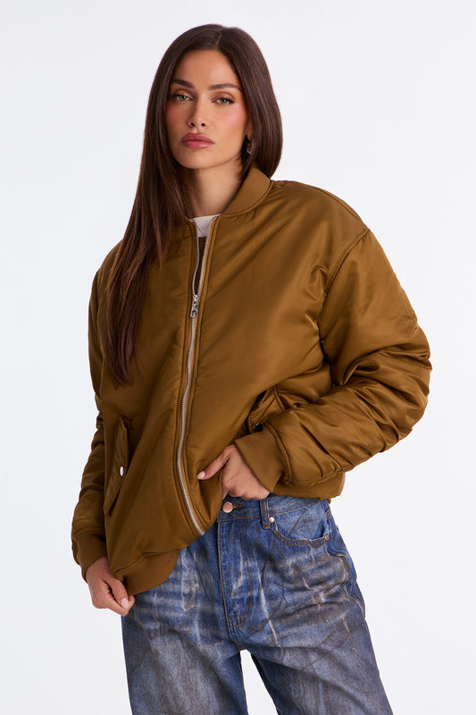 Kamryn Oversized Nylon Blend Bomber Jacket - Olive