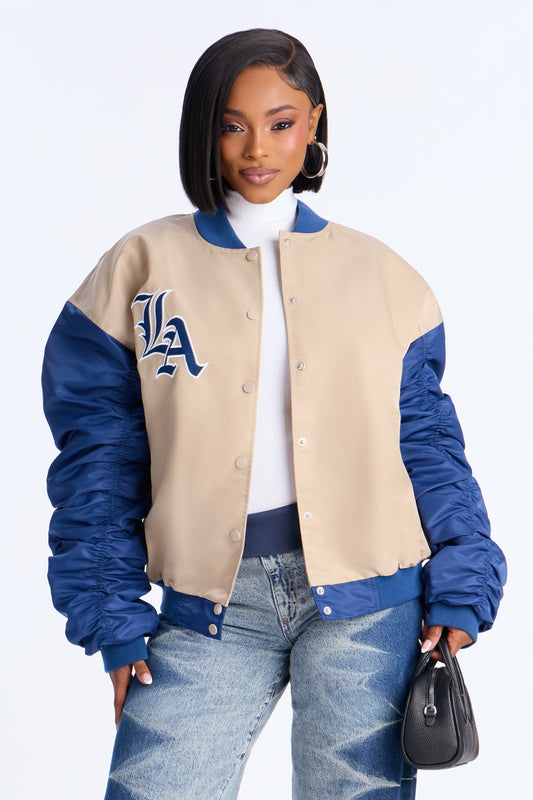 LA Hustle Oversized Ruched Bomber Jacket - Navy/combo