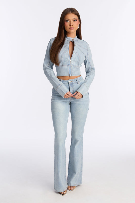 Gemma Glitter Foil Denim Moto Jacket - Light Wash