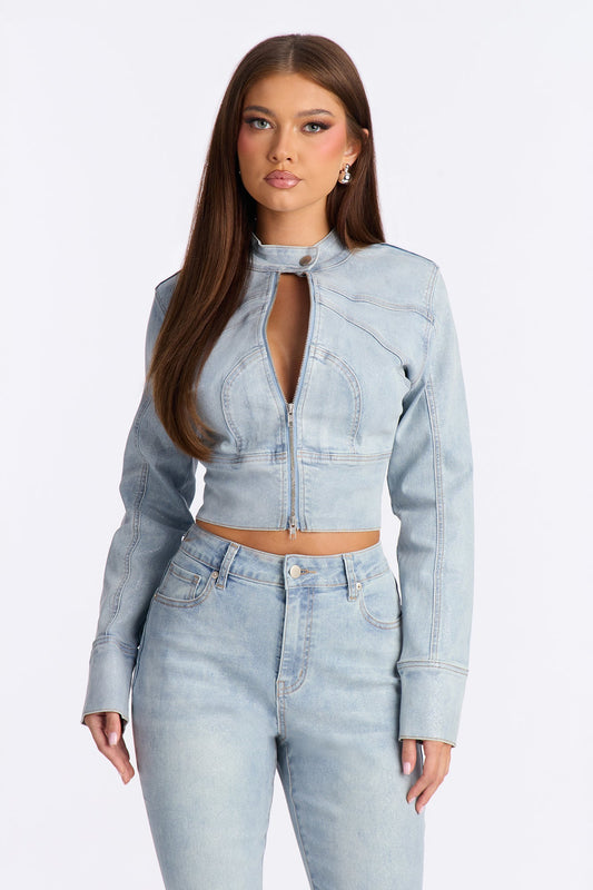 Gemma Glitter Foil Denim Moto Jacket - Light Wash