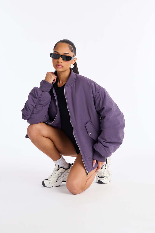 Juno Oversized Barrel Sleeve Bomber Jacket - Eggplant