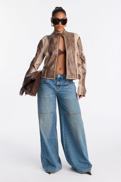 Anaya Star Washed Faux Leather Bomber Jacket - Mocha