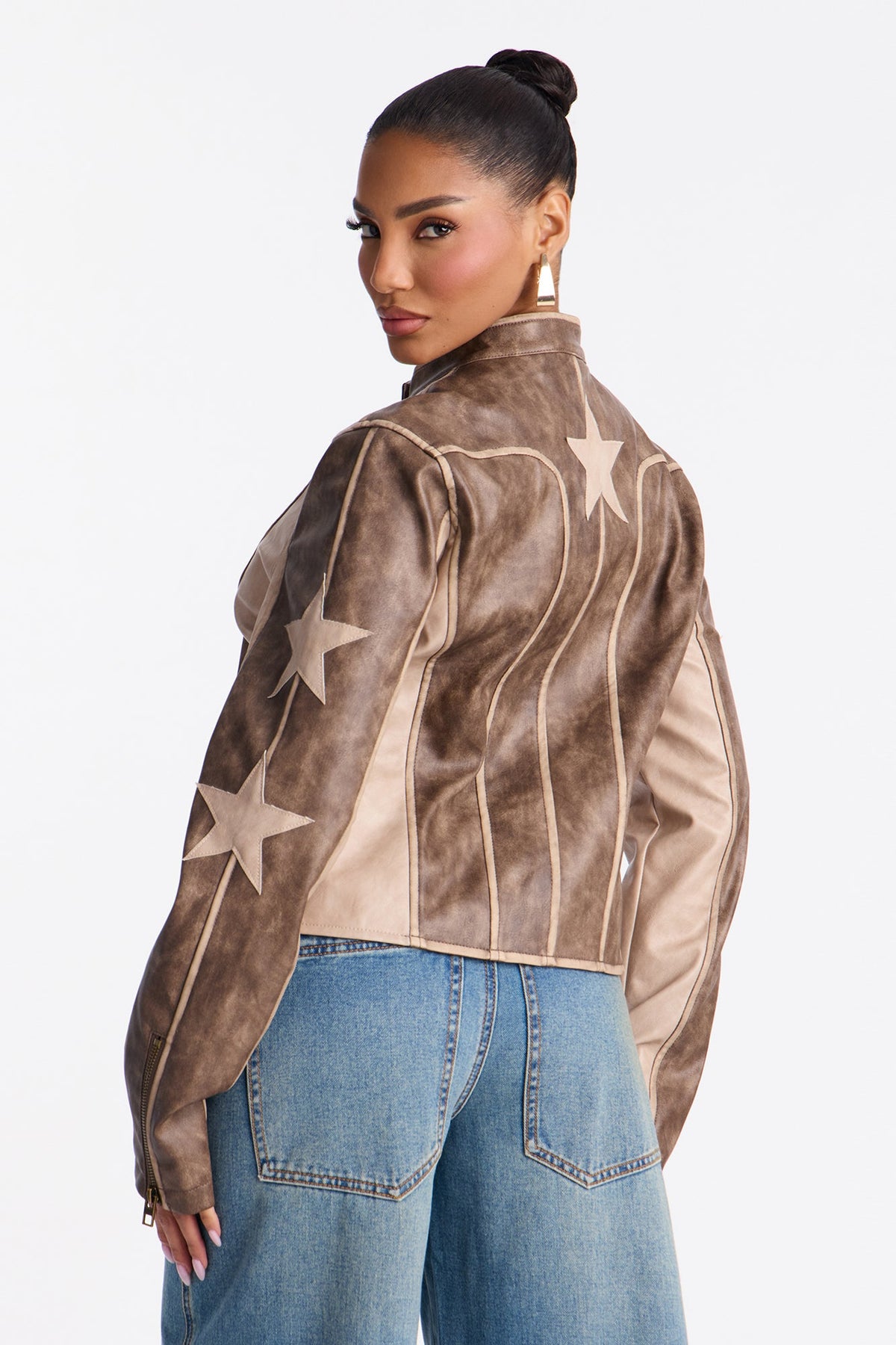 Anaya Star Washed Faux Leather Bomber Jacket - Mocha