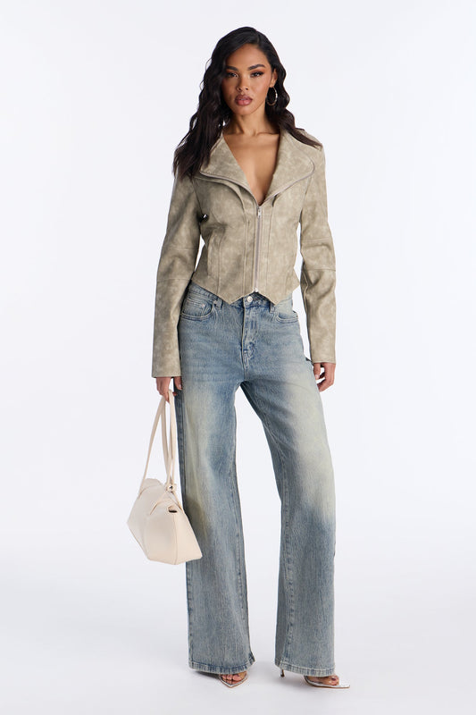 Chosen One Washed Faux Leather Moto Jacket - Sage