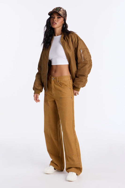 Bet On It Nylon Oversized Bomber Jacket - Olive