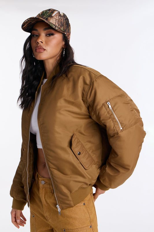 Bet On It Nylon Oversized Bomber Jacket - Olive