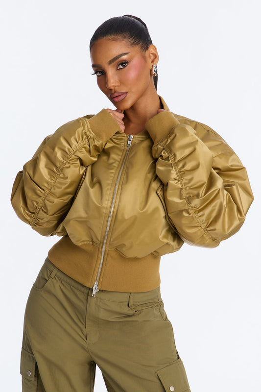 Daily Dose Ruched Bomber Jacket - Gold