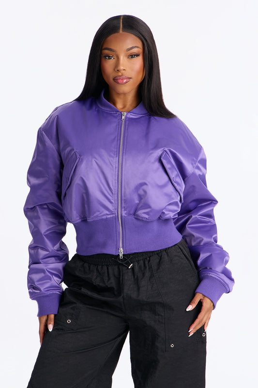 Daily Dose Ruched Bomber Jacket - Purple