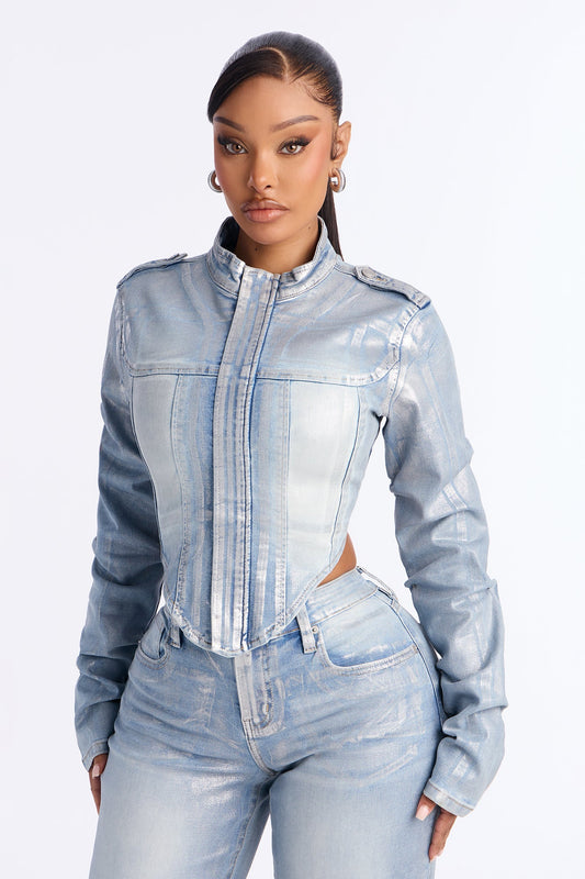 Frenchie Foil Denim Jacket - Light Wash