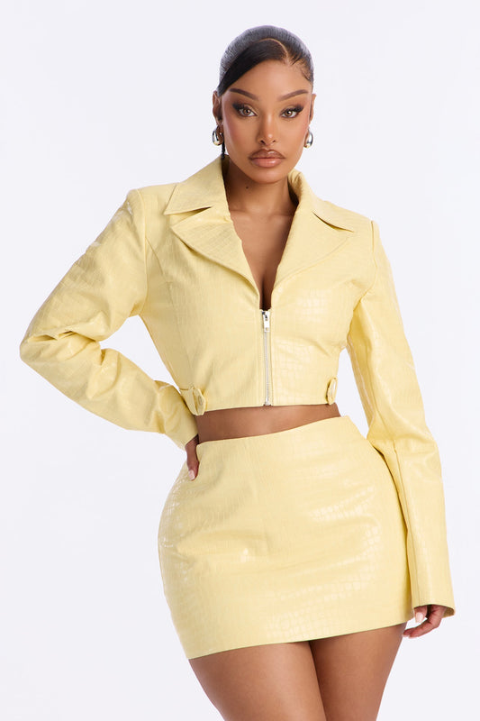Tara Croc Faux Leather Moto Jacket - Butter Yellow
