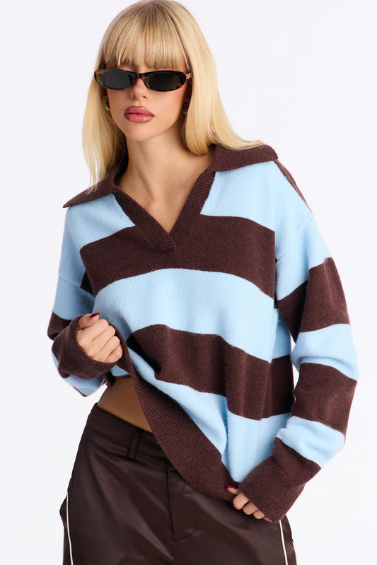 Study Date Collared Striped Sweater - Blue/combo