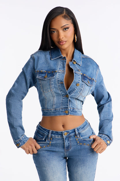 At Dusk Studded Denim Jacket - Dark Wash