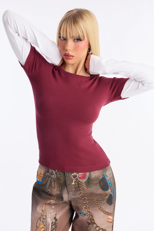Like My Vibe Crew Neck Tee - Wine/combo
