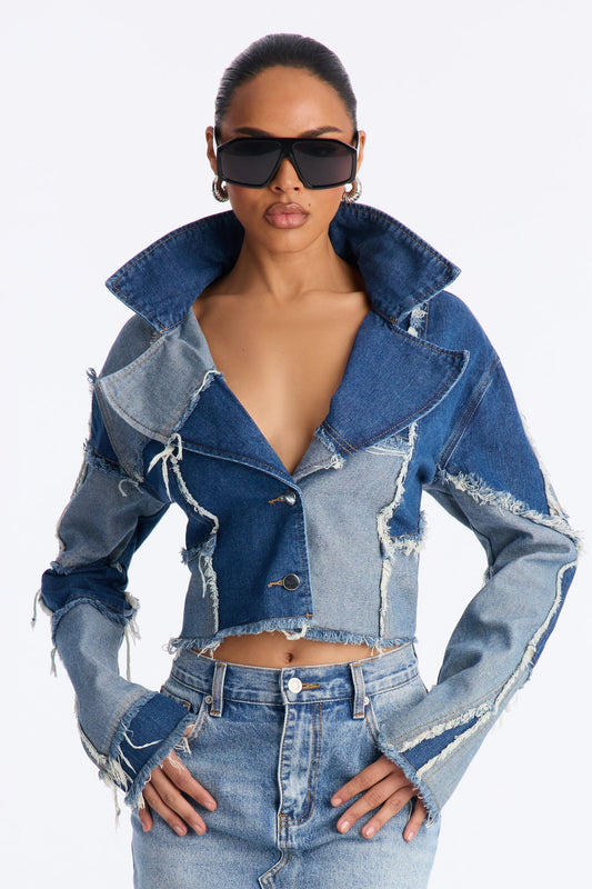 Tone It Up Cropped Patchwork Denim Blazer - Vintage Wash