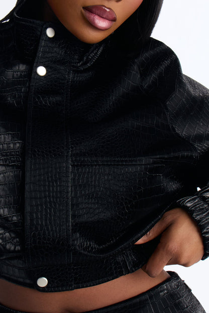 Baddie Mode Embossed Croc Bomber Jacket - Black