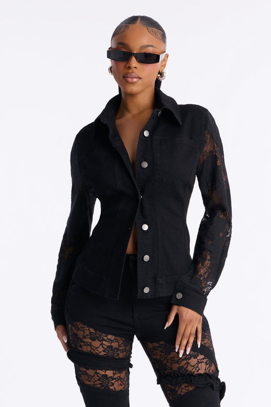 Dreamcatcher Lace Stretch Denim Jacket - Black